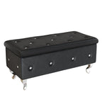 Banc de rangement capitonné en similicuir avec plateau relevable, boutons en cristal et pieds argentés