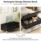 Banc de rangement capitonné en similicuir avec plateau relevable, boutons en cristal et pieds argentés