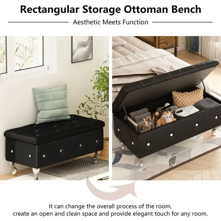 Banc de rangement capitonné en similicuir avec plateau relevable, boutons en cristal et pieds argentés