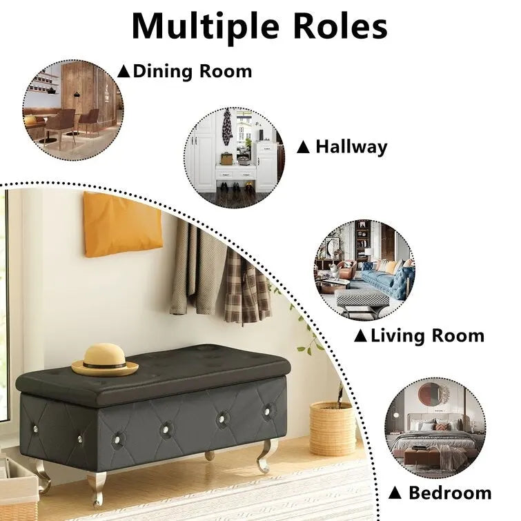 Banc de rangement capitonné en similicuir avec plateau relevable, boutons en cristal et pieds argentés