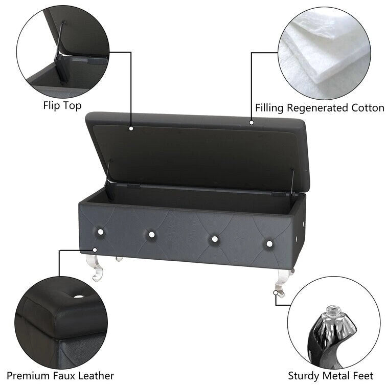 Banc de rangement capitonné en similicuir avec plateau relevable, boutons en cristal et pieds argentés