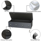 Banc de rangement capitonné en similicuir avec plateau relevable, boutons en cristal et pieds argentés