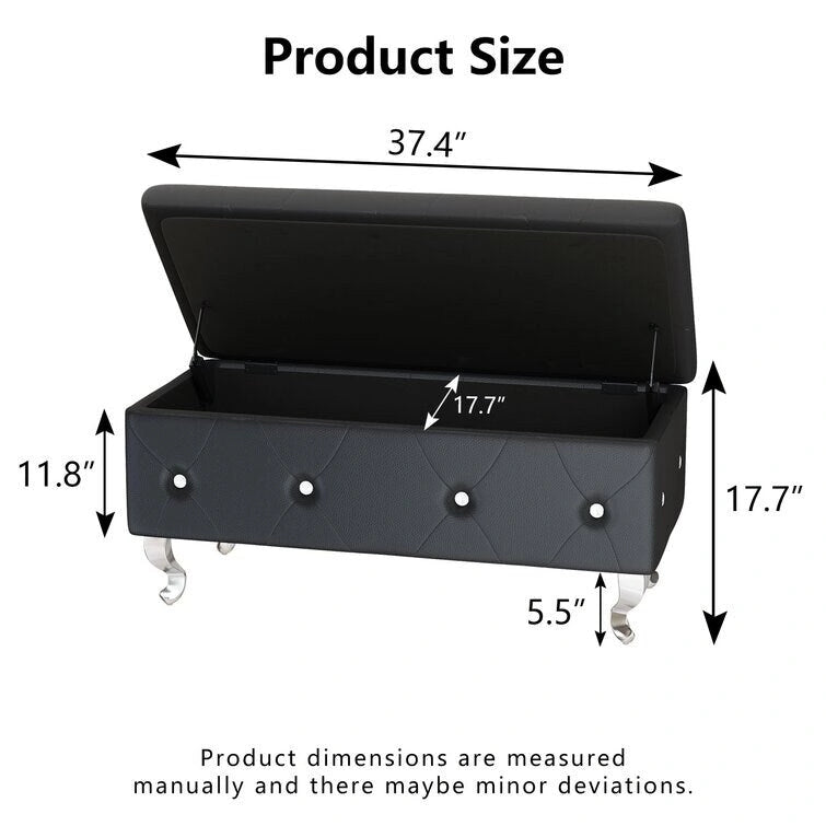 Banc de rangement capitonné en similicuir avec plateau relevable, boutons en cristal et pieds argentés