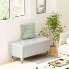 Banc de rangement capitonné en similicuir avec plateau relevable, boutons en cristal et pieds argentés