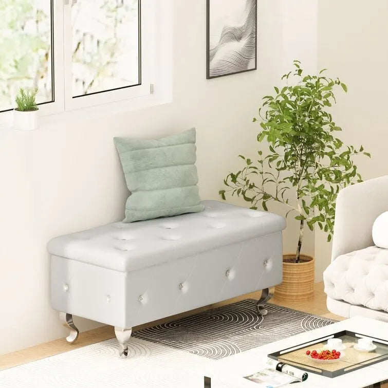 Banc de rangement capitonné en similicuir avec plateau relevable, boutons en cristal et pieds argentés