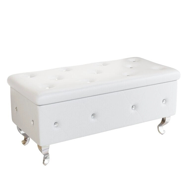 Banc de rangement capitonné en similicuir avec plateau relevable, boutons en cristal et pieds argentés