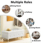 Banc de rangement capitonné en similicuir avec plateau relevable, boutons en cristal et pieds argentés
