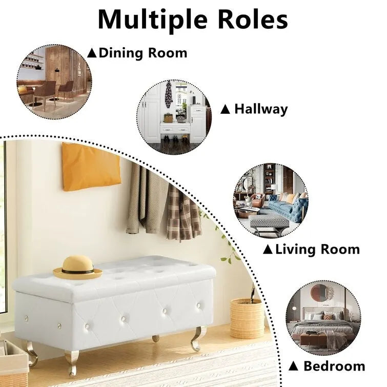 Banc de rangement capitonné en similicuir avec plateau relevable, boutons en cristal et pieds argentés