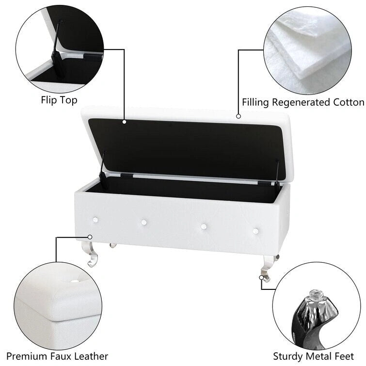 Banc de rangement capitonné en similicuir avec plateau relevable, boutons en cristal et pieds argentés