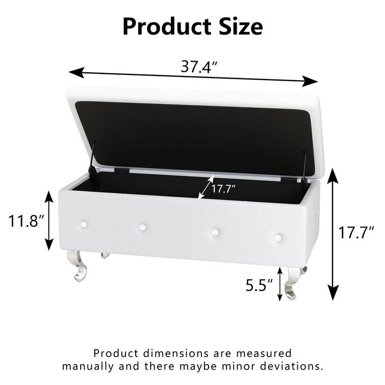 Banc de rangement capitonné en similicuir avec plateau relevable, boutons en cristal et pieds argentés