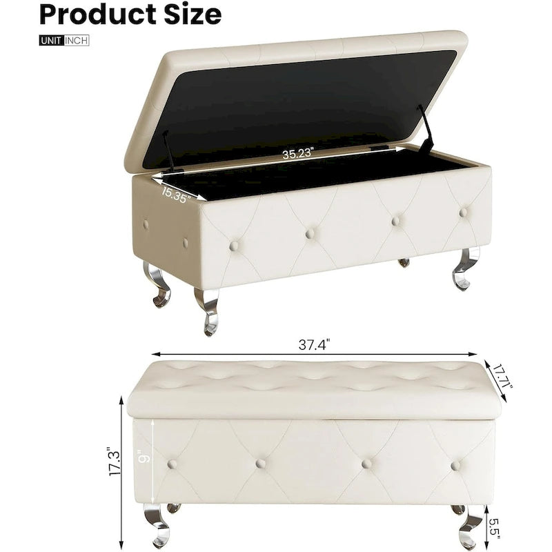 Banc de rangement capitonné en similicuir avec plateau relevable, boutons en cristal et pieds argentés