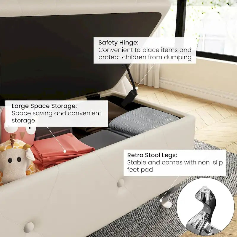 Banc de rangement capitonné en similicuir avec plateau relevable, boutons en cristal et pieds argentés