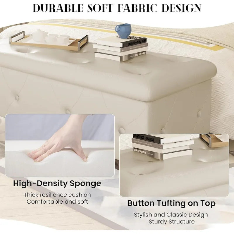 Banc de rangement capitonné en similicuir avec plateau relevable, boutons en cristal et pieds argentés