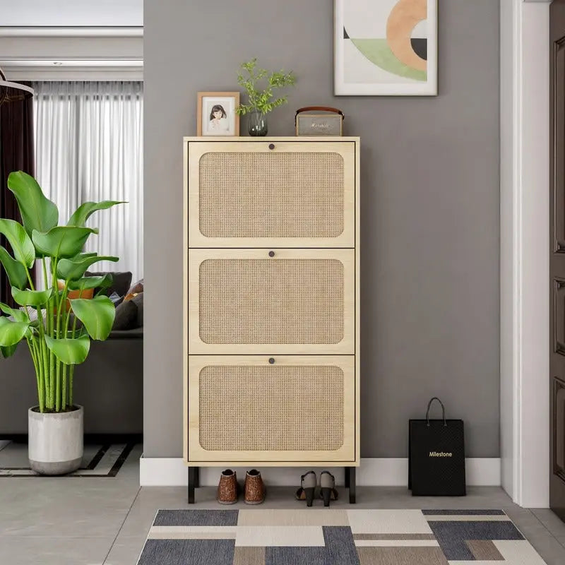 Meuble à chaussures basculant en rotin avec pieds en métal et organisateur de rangement