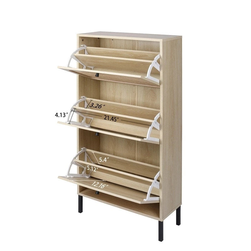 Meuble à chaussures basculant en rotin avec pieds en métal et organisateur de rangement