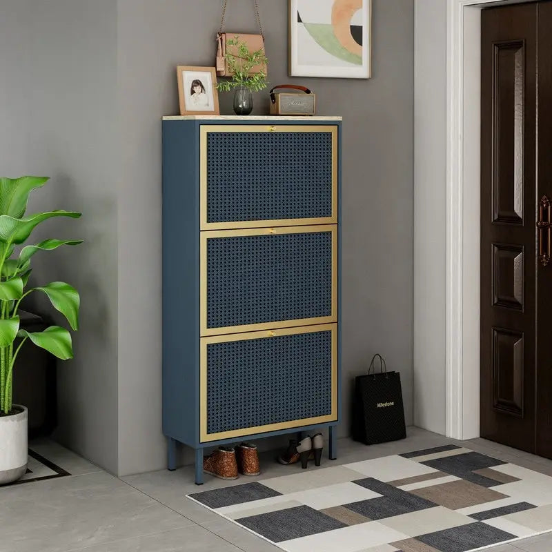 Meuble à chaussures basculant en rotin avec pieds en métal et organisateur de rangement