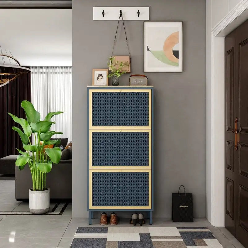 Meuble à chaussures basculant en rotin avec pieds en métal et organisateur de rangement