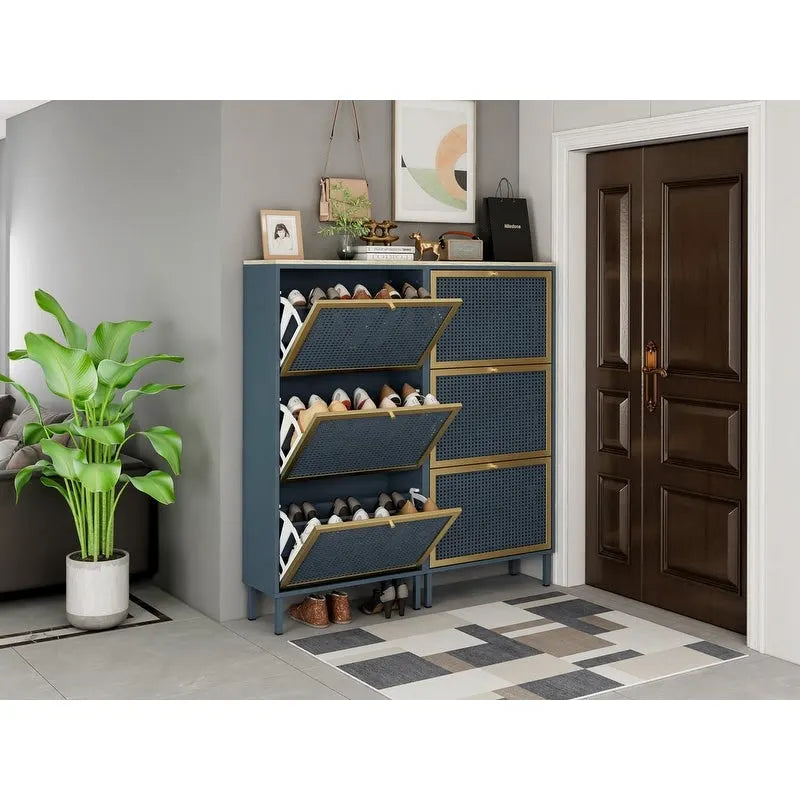 Meuble à chaussures basculant en rotin avec pieds en métal et organisateur de rangement