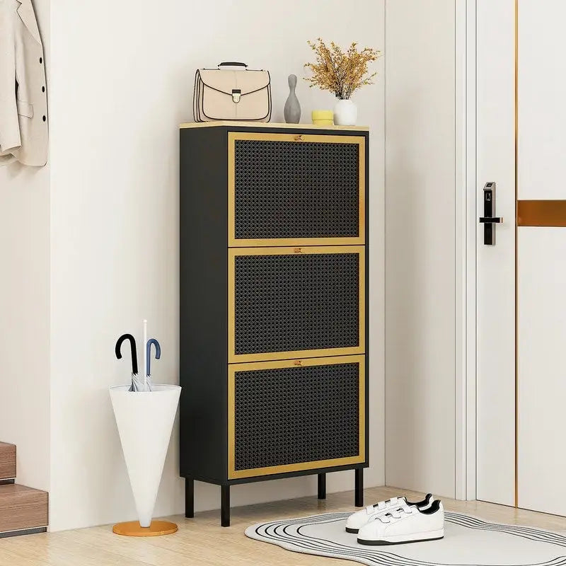 Meuble à chaussures basculant en rotin avec pieds en métal et organisateur de rangement