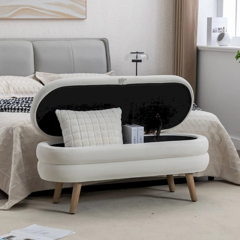 Banc de rangement capitonné avec pieds en bois, velours et bouclette