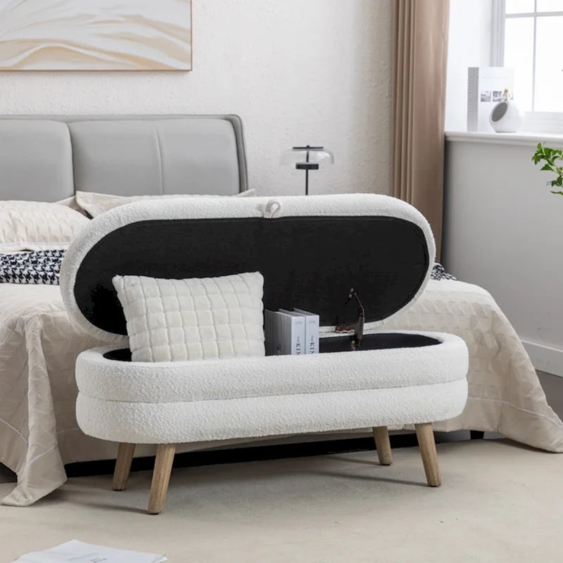 Banc de rangement capitonné avec pieds en bois, velours et bouclette
