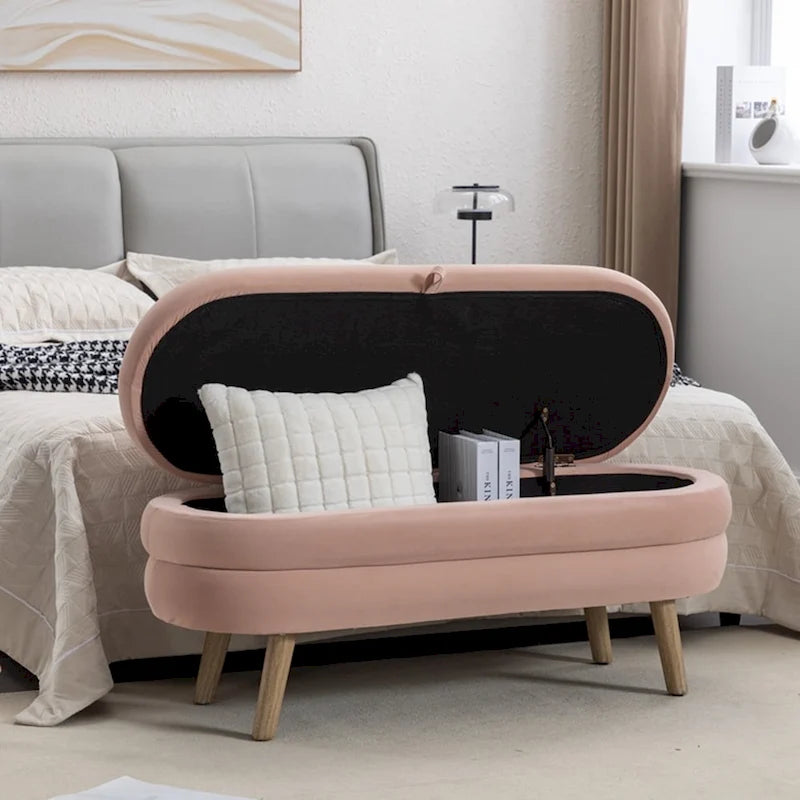 Banc de rangement capitonné avec pieds en bois, velours et bouclette