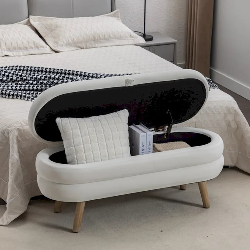 Banc de rangement capitonné avec pieds en bois, velours et bouclette