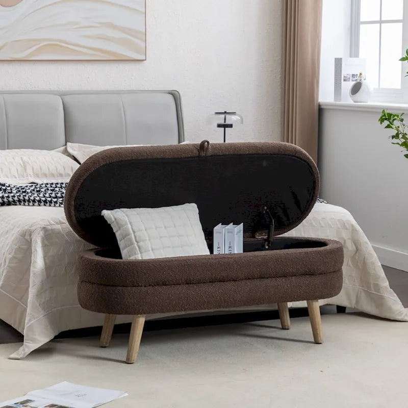 Banc de rangement capitonné avec pieds en bois, velours et bouclette