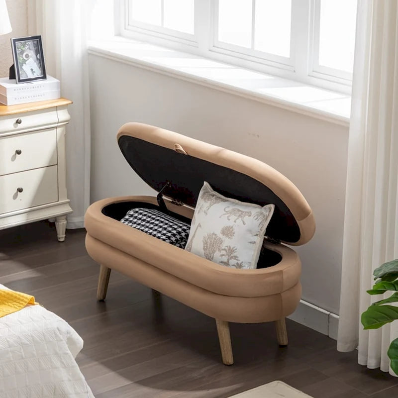 Banc de rangement capitonné avec pieds en bois, velours et bouclette