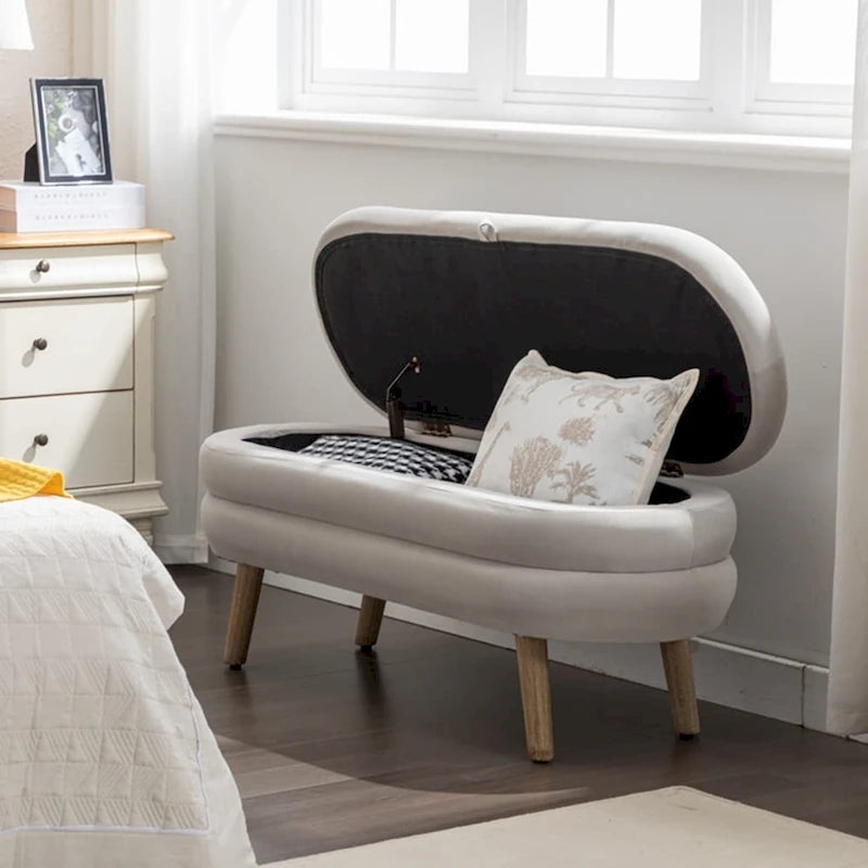 Banc de rangement capitonné avec pieds en bois, velours et bouclette