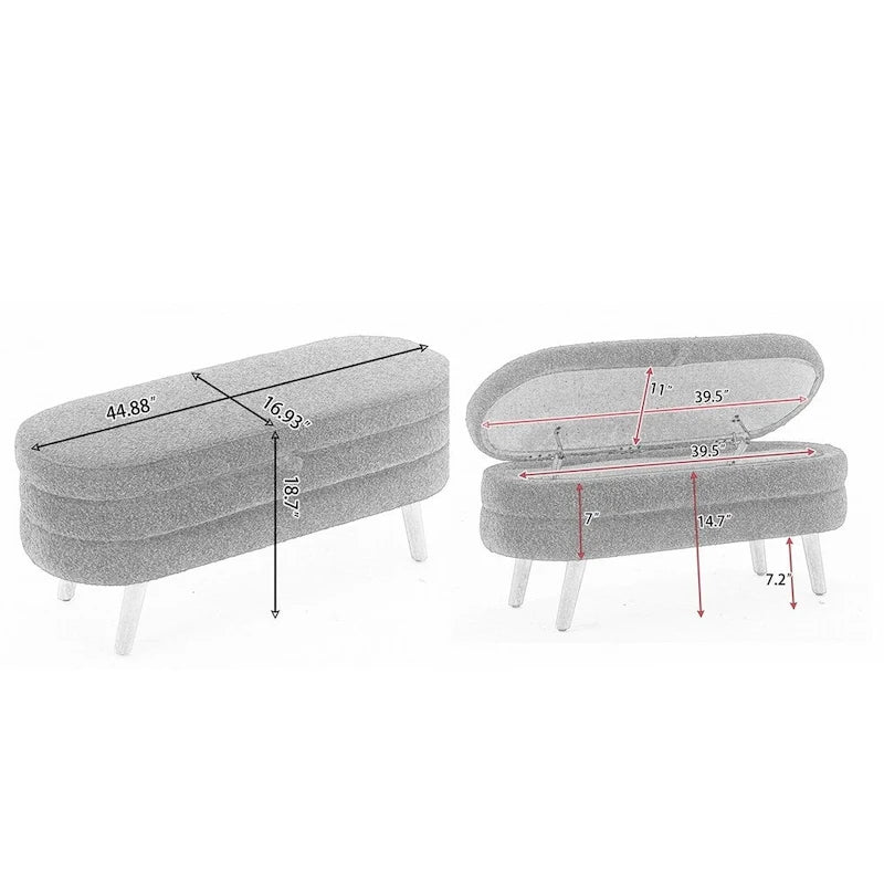 Banc de rangement capitonné avec pieds en bois, velours et bouclette