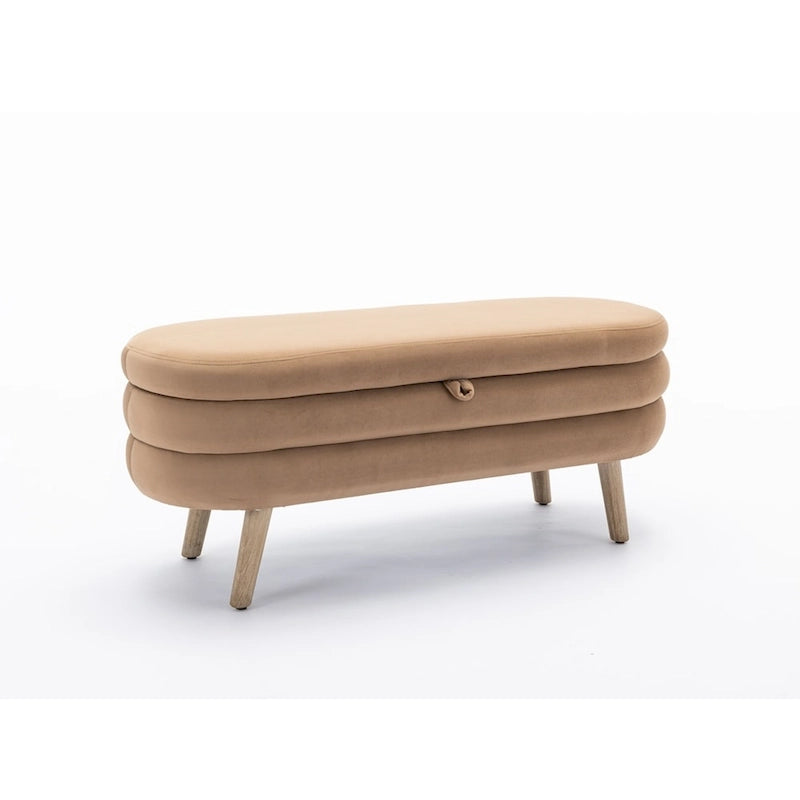 Banc de rangement capitonné avec pieds en bois, velours et bouclette