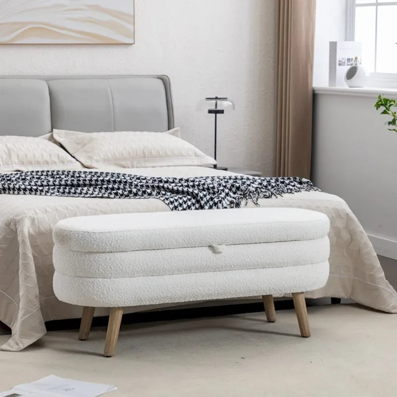 Banc de rangement capitonné avec pieds en bois, velours et bouclette