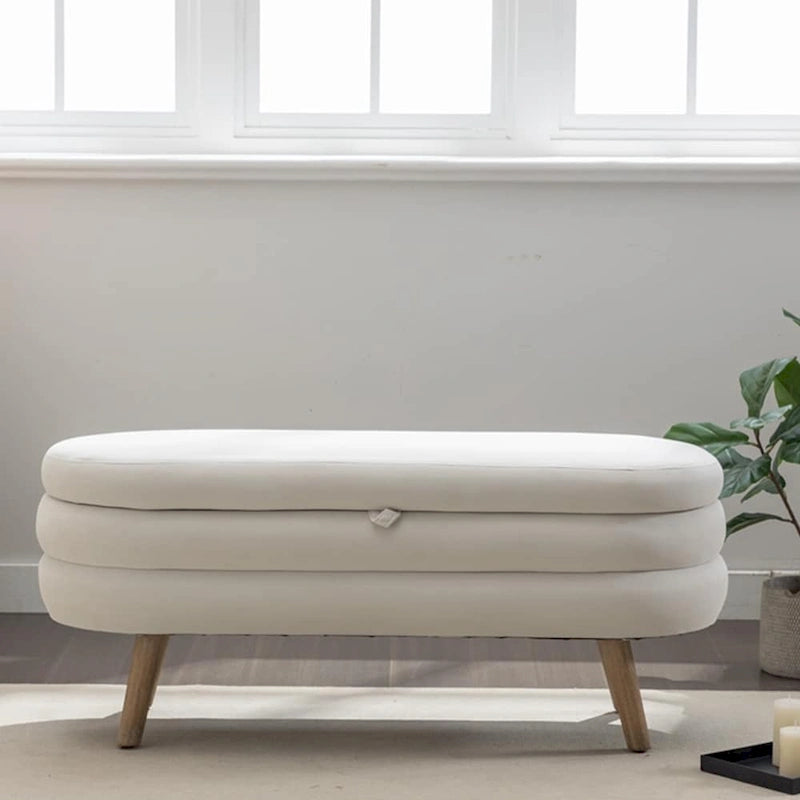 Banc de rangement capitonné avec pieds en bois, velours et bouclette