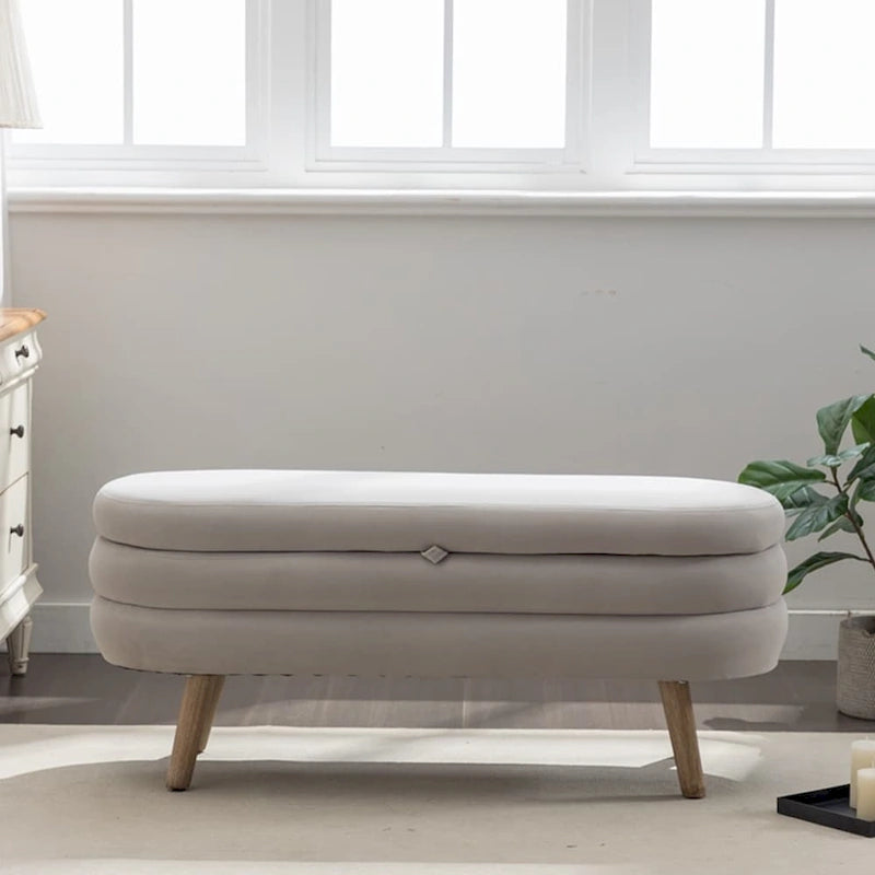 Banc de rangement capitonné avec pieds en bois, velours et bouclette