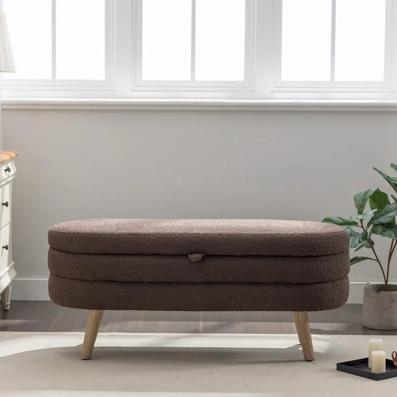 Banc de rangement capitonné avec pieds en bois, velours et bouclette
