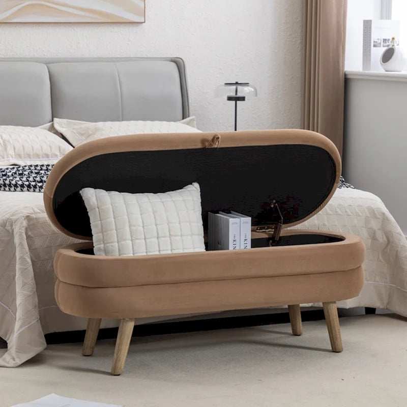 Banc de rangement capitonné avec pieds en bois, velours et bouclette