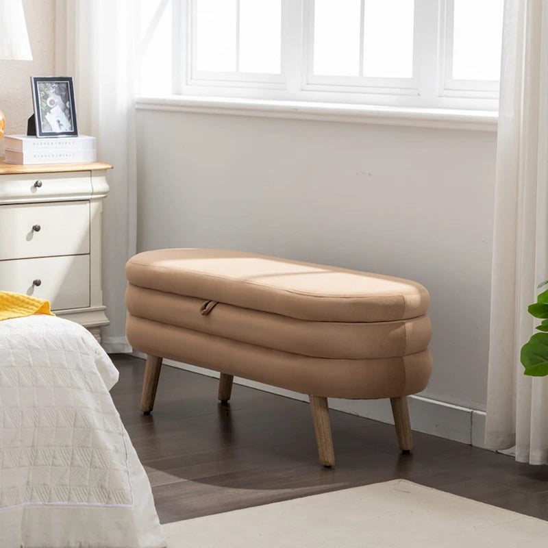 Banc de rangement capitonné avec pieds en bois, velours et bouclette