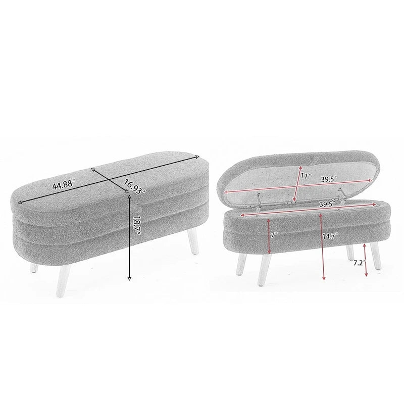 Banc de rangement capitonné avec pieds en bois, velours et bouclette