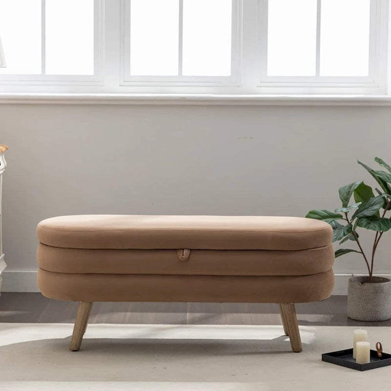Banc de rangement capitonné avec pieds en bois, velours et bouclette