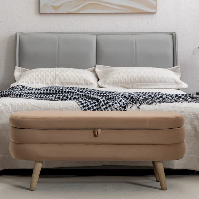 Banc de rangement capitonné avec pieds en bois, velours et bouclette