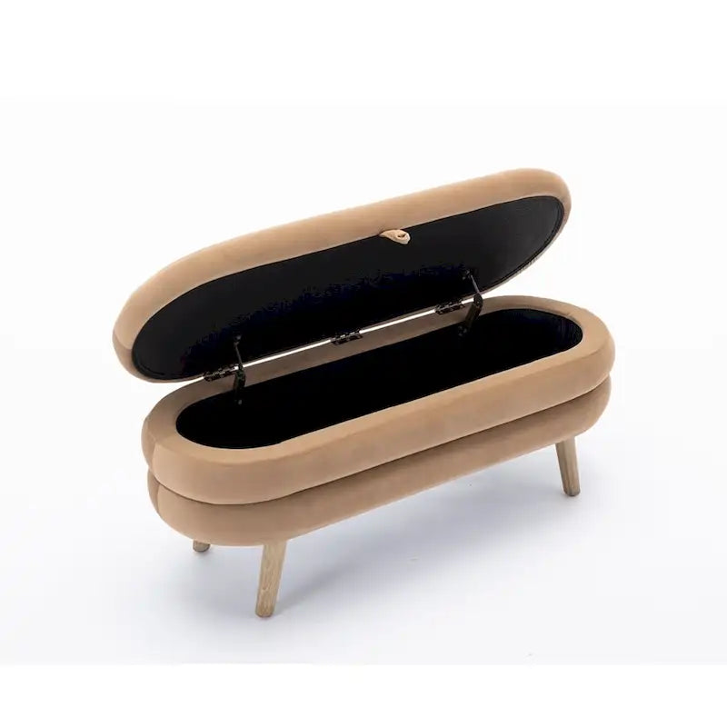 Banc de rangement capitonné avec pieds en bois, velours et bouclette