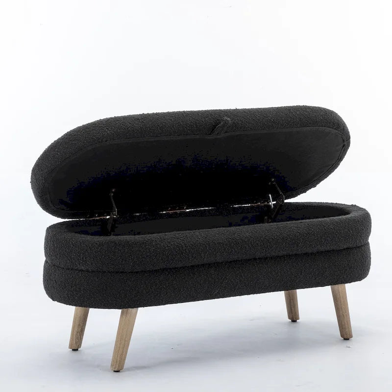 Banc de rangement capitonné avec pieds en bois, velours et bouclette