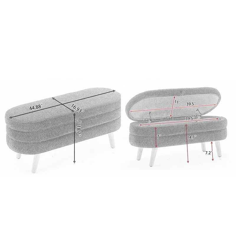 Banc de rangement capitonné avec pieds en bois, velours et bouclette