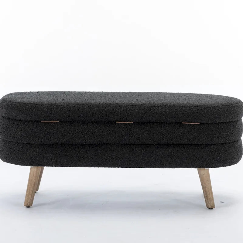 Banc de rangement capitonné avec pieds en bois, velours et bouclette