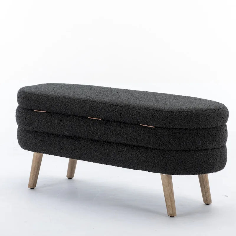Banc de rangement capitonné avec pieds en bois, velours et bouclette