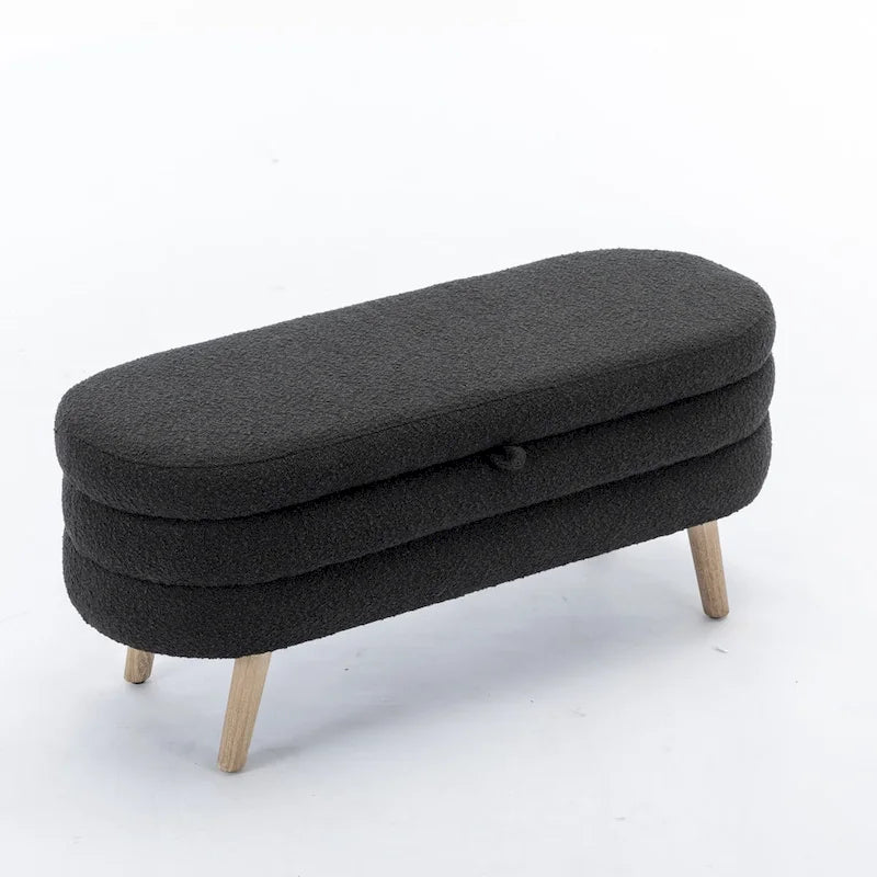 Banc de rangement capitonné avec pieds en bois, velours et bouclette
