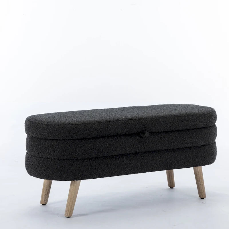 Banc de rangement capitonné avec pieds en bois, velours et bouclette