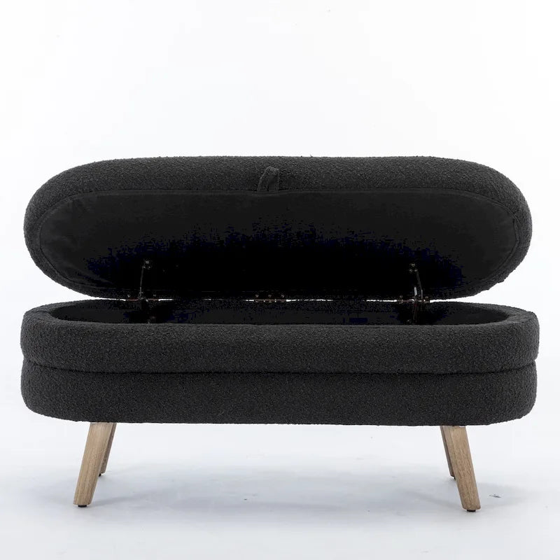 Banc de rangement capitonné avec pieds en bois, velours et bouclette