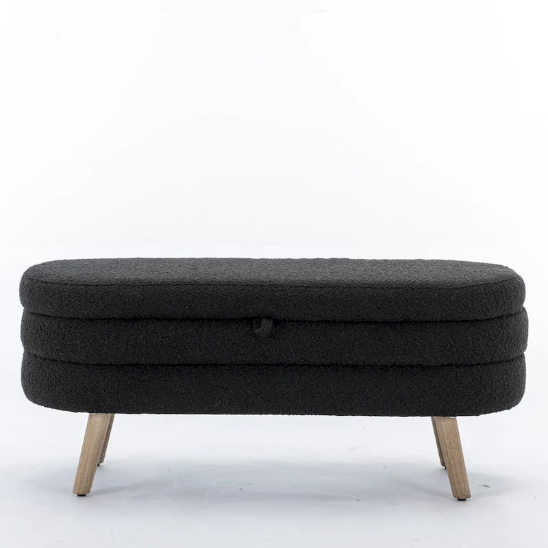 Banc de rangement capitonné avec pieds en bois, velours et bouclette